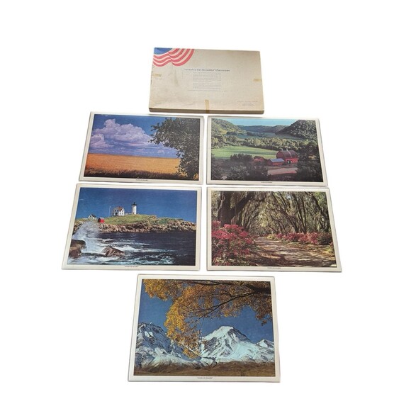 Vintage "America The Beautiful” Double Sided Laminated 5 Placemats with Box - Picture 1 of 9